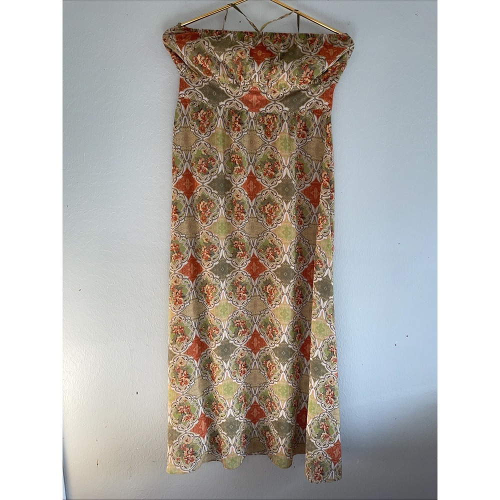 Banana Republic Silk Maci Halter Dress Sz 4 Green Orange Lattice Boho Wedding